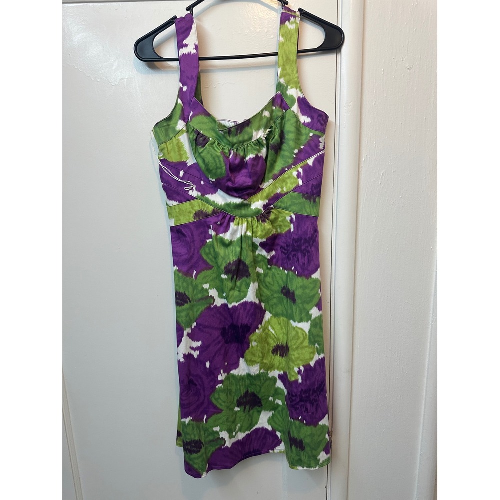 London Times Floral Ikat Sheath Dress Purple Green Cotton Stretch Size 6
